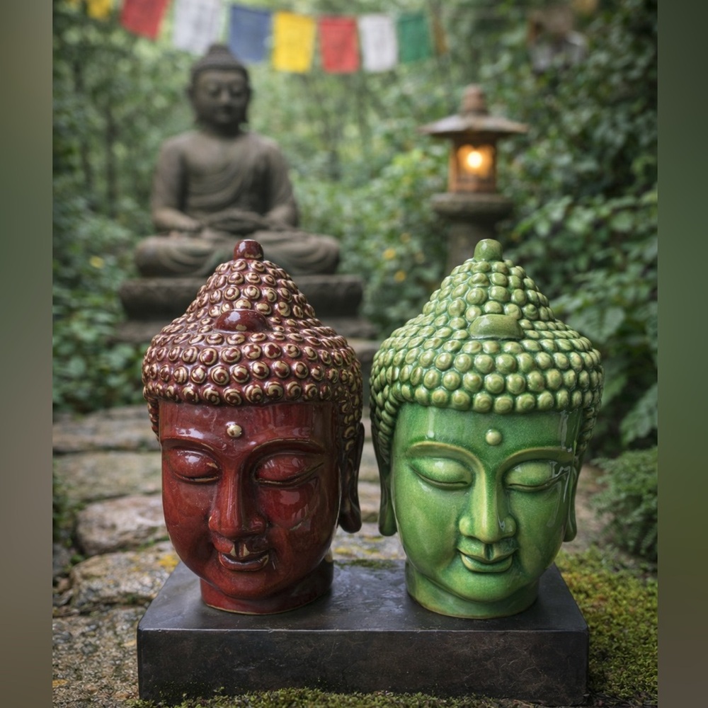 VINTAGE Ceramic Buddha Head Statues in Burgundy and Green Large - Pair